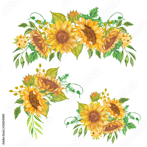 set of floral arrangement watercolor sunflower yellow