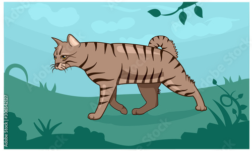 Cat on Green Garden Cartoon Design Vector Illustration