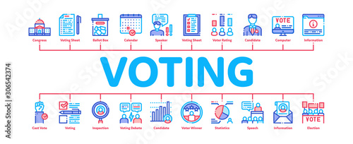 Voting And Election Minimal Infographic Web Banner Vector. Congress Building And Monitor, Calendar And Human Silhouette Democracy Voting Concept Illustrations