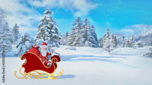 Santa Claus is riding over the forest in a sleigh with gifts. Merry Christmas and Happy New Year illustration.