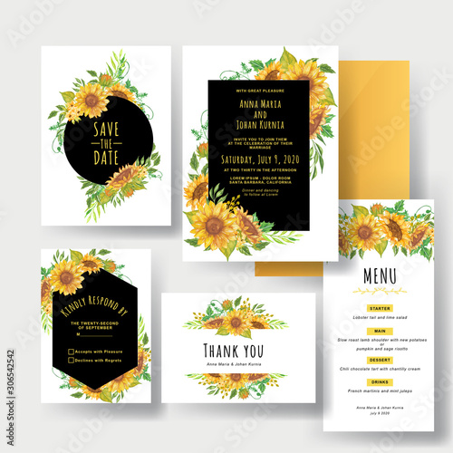 a set of beautiful yellow sunflower wedding invitations