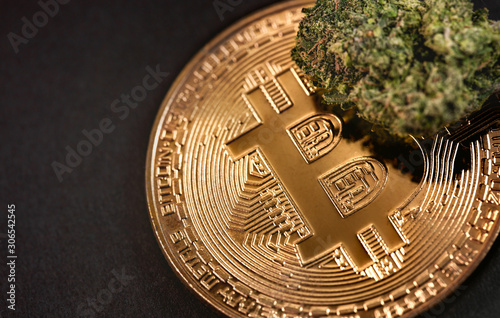 medical marijuana, cannabis bud and bitcoin, cryptocurrency macro, closeup