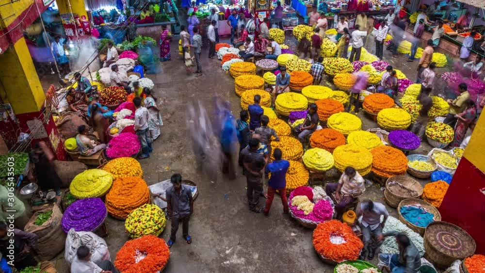 Busy day at Bangalore's KR flowers market time lapse