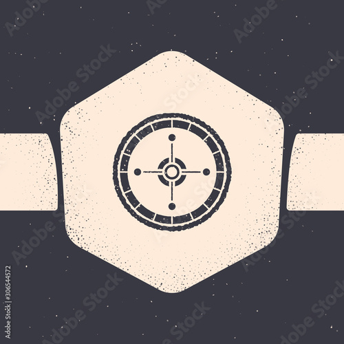 Grunge Casino roulette wheel icon isolated on grey background. Monochrome vintage drawing. Vector Illustration