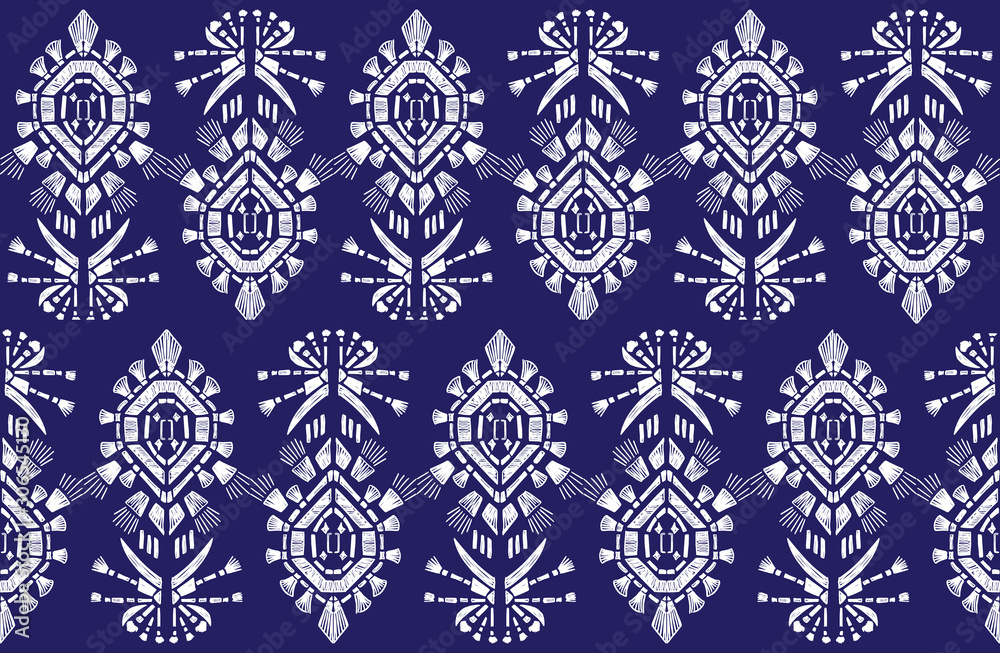 Drapery ikat navajo motif etnic white tribal ornamentalpattern on blue background. Surface background design for cotton fashion. Textile fabric ornament future rug.