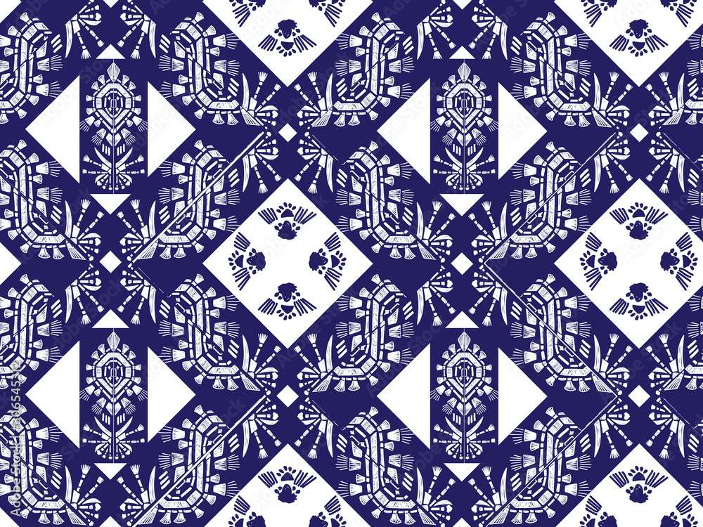 Fototapeta premium Drapery ikat navajo motif etnic white tribal ornamentalpattern on blue background. Surface background design for cotton fashion. Textile fabric ornament future rug.
