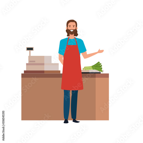 seller man design, shop store market shopping commerce retail buy and paying theme Vector illustration