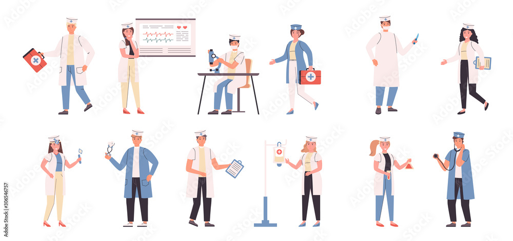 Doctors and nurses flat vector illustrations set. Medicine, medic specializations, hospital workers. Physicians, people with medical equipment cartoon characters bundle isolated on white background Doctors and nurses flat vector illustrations set. Medicine, medic specializations, hospital workers. Physicians, people with medical equipment cartoon characters bundle isolated on white background