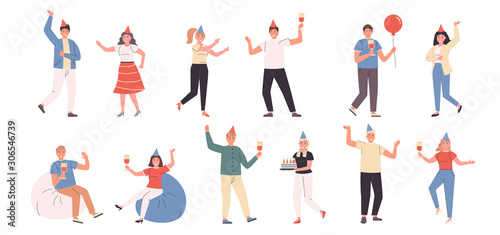 Birthday party, celebration, fun and dance flat vector illustrations set. Festivity, rejoicing, good mood. Smiling people, B-day party visitors cartoon characters bundle isolated on white background
