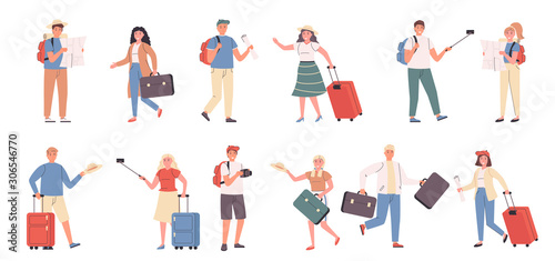 Tourists, male and female travelers flat vector illustrations set. Travelling, excursion, sightseeing, route choice. People with luggage cartoon characters bundle isolated on white background photo