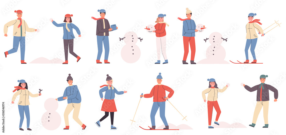 Winter sport and recreation flat vector illustrations set. Snowball game, making snowman, skating and skiing. People in warm clothes cartoon characters bundle isolated on white background