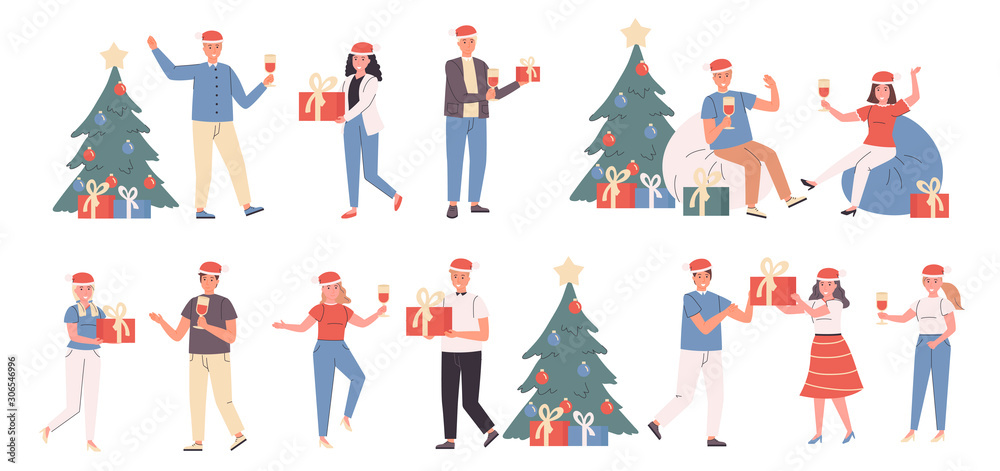 New Year party, Christmas celebration, winter holiday flat vector illustrations set. Conviviality, festive mood. Smiling people with Xmas gifts cartoon characters bundle isolated on white background