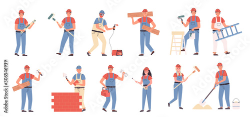 Canvas Print Builders and repair masters flat vector illustrations set