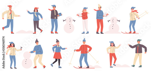 Winter sport and recreation flat vector illustrations set. Snowball game  making snowman  skating and skiing. People in warm clothes cartoon characters bundle isolated on white background