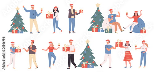 New Year party, Christmas celebration, winter holiday flat vector illustrations set. Conviviality, festive mood. Smiling people with Xmas gifts cartoon characters bundle isolated on white background