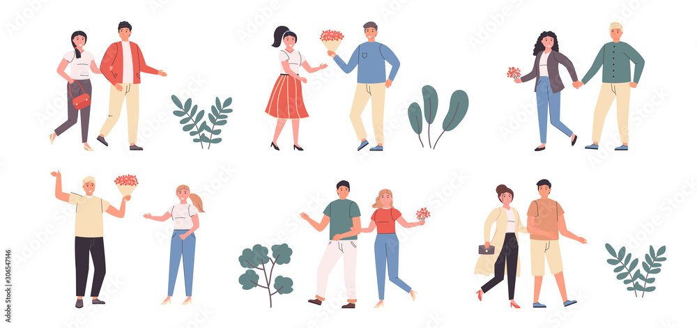 Enamored couples, wedded pairs flat vector illustrations set. Date, romantic atmosphere, walking together. People in love, marrieds cartoon characters bundle isolated on white background