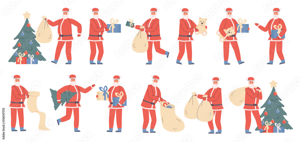 Santa Claus with Christmas gifts flat vector illustrations set. Winter holiday preparation, Xmas tradition. People in Santa costume cartoon characters bundle isolated on white background Santa Claus with Christmas gifts flat vector illustrations set. Winter holiday preparation, Xmas tradition. People in Santa costume cartoon characters bundle isolated on white background