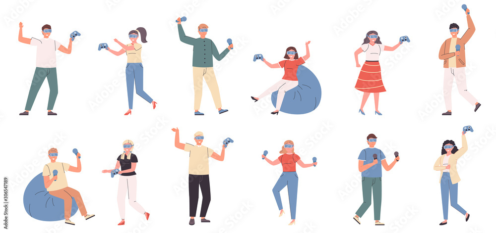 Virtual reality, simulated world flat vector illustrations set. Online gamers, computer game players team. People in 3d glasses cartoon characters bundle isolated on white background