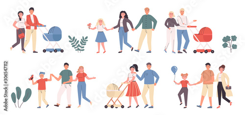 Family leisure, entertainment, outside walk flat vector illustrations set. Mother and father with kids. Parents and children, people outdoors cartoon characters bundle isolated on white background