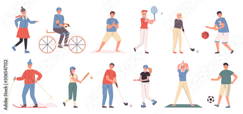 Summer and winter sports flat vector illustrations set. Active leisure, recreation. Male and female athletes, people doing sport cartoon characters bundle isolated on white background