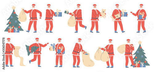 Santa Claus with Christmas gifts flat vector illustrations set. Winter holiday preparation, Xmas tradition. People in Santa costume cartoon characters bundle isolated on white background