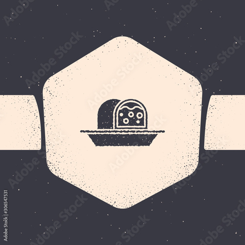 Grunge Marzipan sponge cake icon isolated on grey background. Merry Christmas and Happy New Year. Monochrome vintage drawing. Vector Illustration