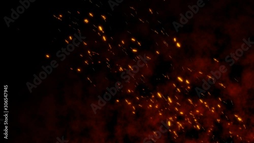Burning red hot flying sparks fire in the night sky. Beautiful abstract background flying on black background.