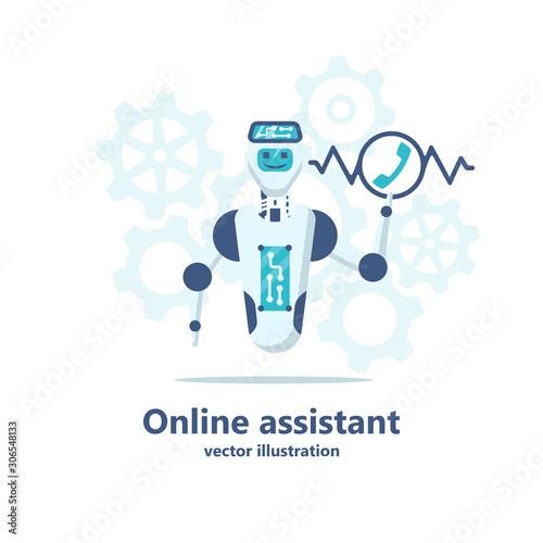 Chatbot online assistant. Robot call center receives call. Automatic web sait assistant. Bot talk on phone or chat. Vector illustration flat design. Isolated on white background. Technical assistance. photo