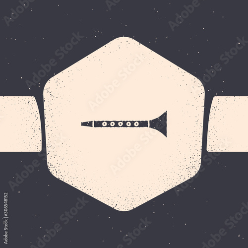 Grunge Clarinet icon isolated on grey background. Musical instrument. Monochrome vintage drawing. Vector Illustration