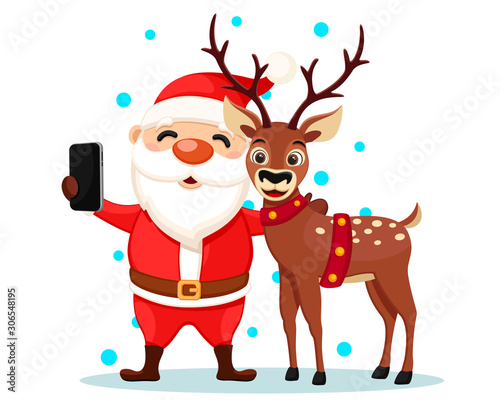 Santa Claus takes a selfie with a deer on his phone, characters on a white. Christmas