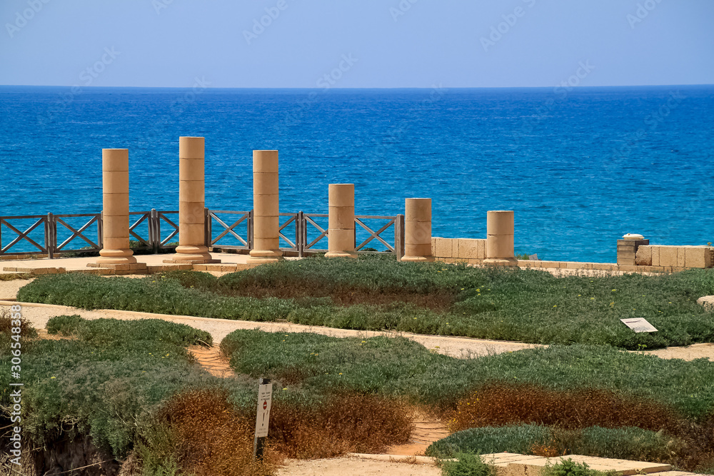 Columns line the ruins of Herod's Promontory Palace at Caesarea Maratima in Israel