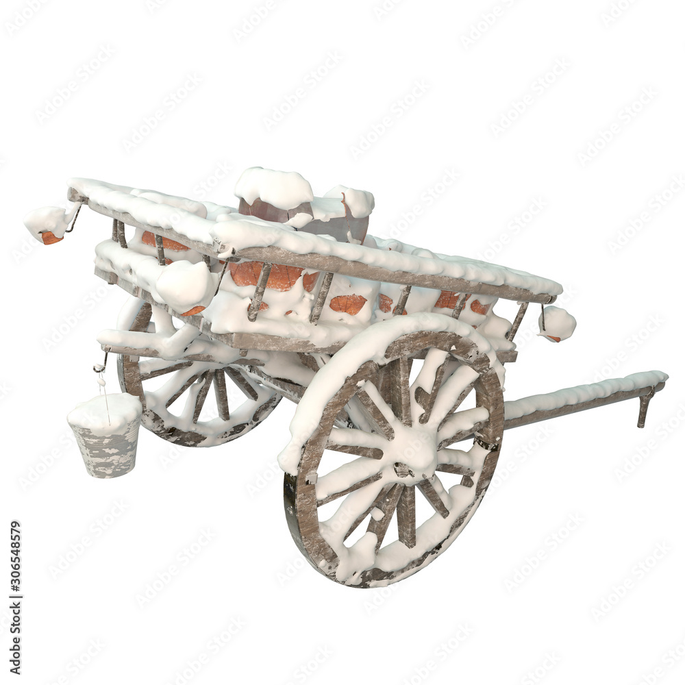 Fototapeta premium 3d image wooden cart with snow covered pots.3d image