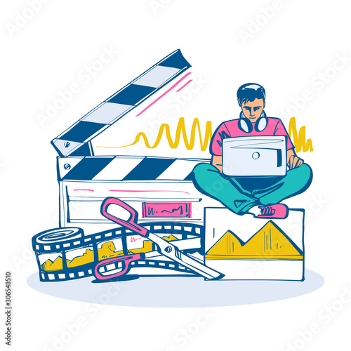 Video editing. Multimedia content. Footage editing. Videographer with laptop mounts movie. Photo film and scissors. Vector illustration sketch design. Isolated on white background. Video blog channel.