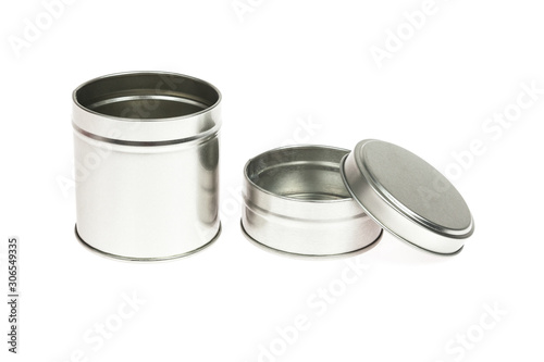 Metal container with lid, for multiple use; Photo on white background.