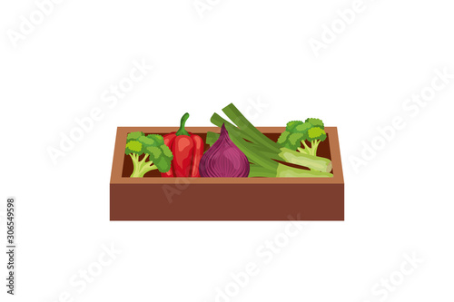 healthy vegetable in wooden box isolated icon vector illustration design