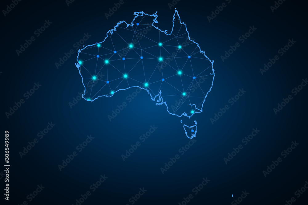 Map Australia from the contours network blue, luminous space stars of vector illustration - Vector