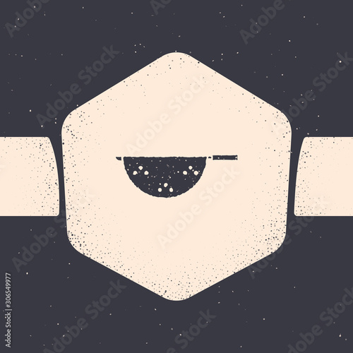 Grunge Kitchen colander icon isolated on grey background. Cooking utensil. Cutlery sign. Monochrome vintage drawing. Vector Illustration
