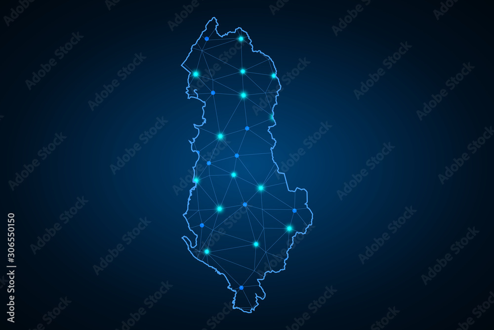 Map of Albania. Wire frame 3D mesh polygonal network line, design sphere, dot and structure. communications map of Albania. Vector Illustration EPS10. - Vector