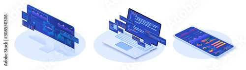Software development coding process concept. Online financial audit. Isometric website metrics, statistical graphs dashboards and web seo research. Application of laptop,pc,phone with business graph.