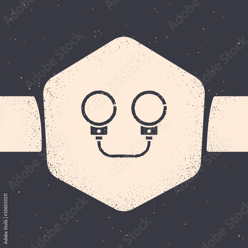 Grunge Handcuffs icon isolated on grey background. Monochrome vintage drawing. Vector Illustration