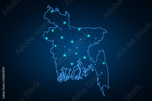 Map of Bangladesh from Polygonal wire frame low poly mesh, contours network line, luminous space stars, design sphere, dot and structure. Vector Illustration EPS10. - Vector