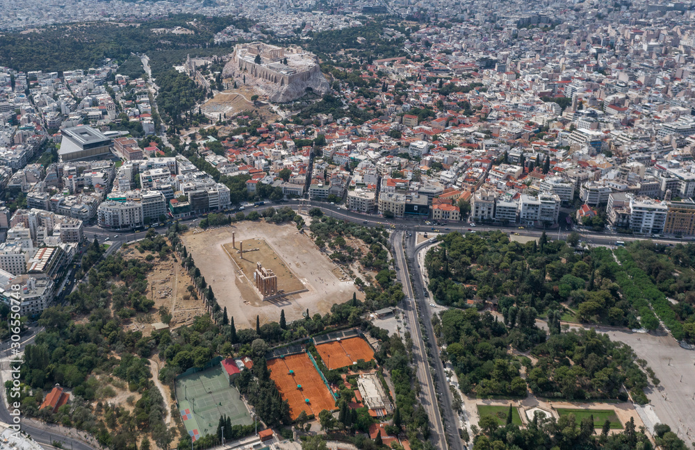 Aerial drone shot of Acropolis of Athens, Olympion Zeus temple, national garden and museum, Olympion Zeus temple, national garden and museum