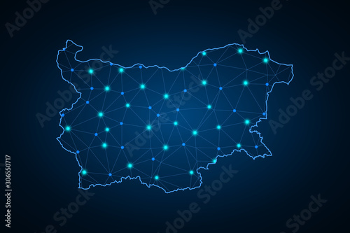 Photo Map of Bulgaria from Polygonal wire frame low poly mesh, contours network line, luminous space stars, design sphere, dot and structure