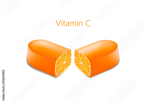 two halves of a pill with an orange in a cut, vitamin c concept, horizontal vector illustration isolated on a white background