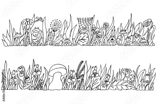Two panoramic drawings with grassy