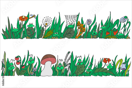 Two panoramic drawings with grassy