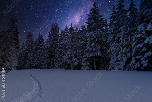 Magical Landscapes of the stars and the milky way with mountains and waterfalls with winter scenics for wallpaper backgrounds.