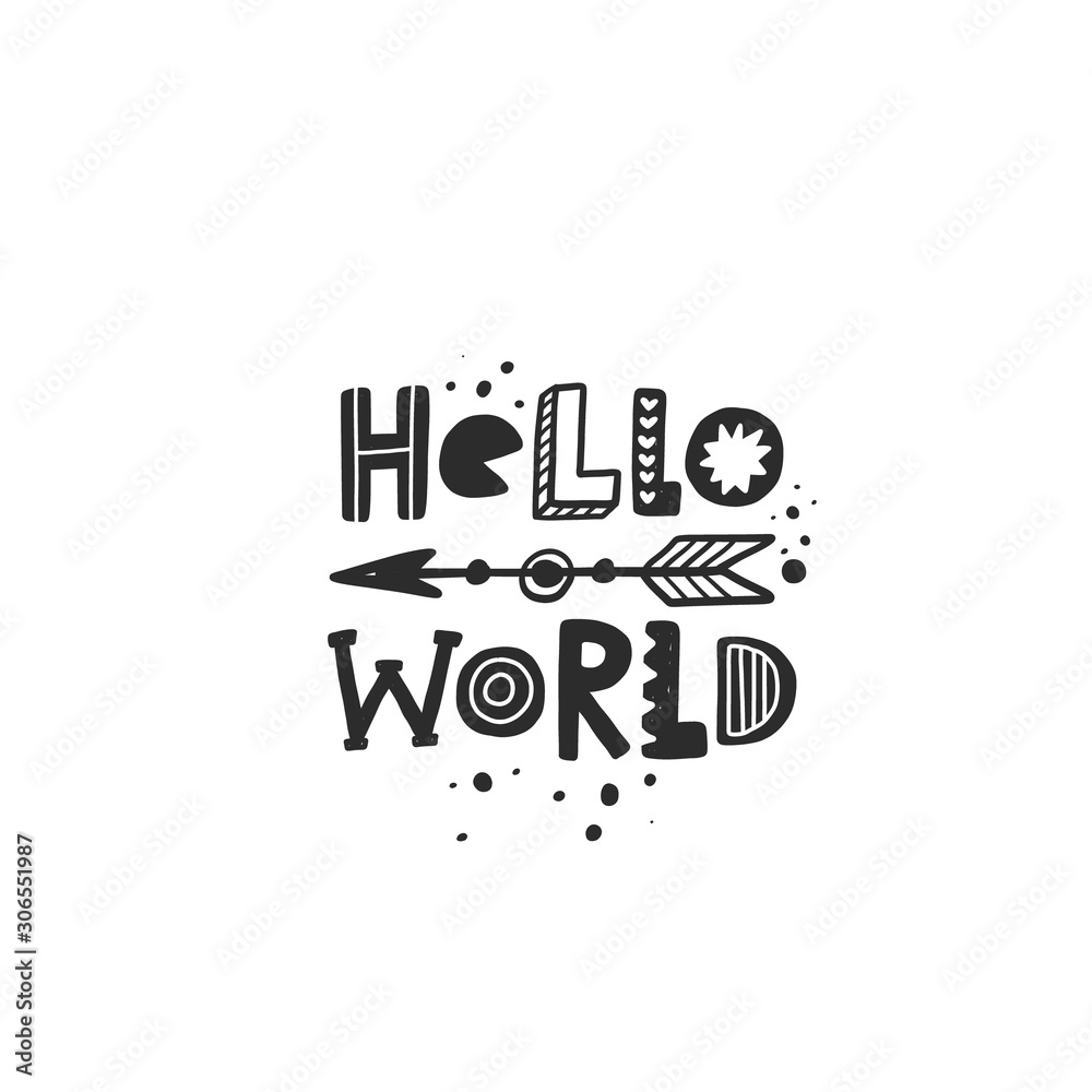 Hello world stylized black ink lettering. Welcoming newborn baby grunge style typography with ink drops. Celebrating child arrival, baby shower hand drawn phrase poster, postcard design element