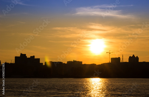 sunset, city, skyline, sky, water, silhouette, sun, sunrise, 