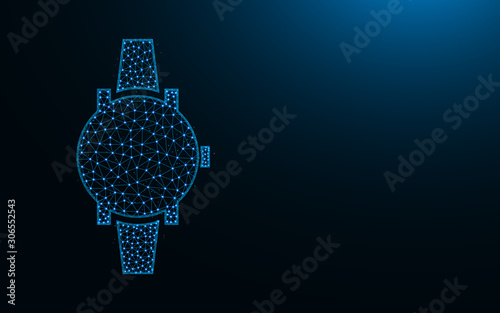 Wrist Watches low poly design, clock abstract geometric image, time wireframe mesh polygonal vector illustration made from points and lines on dark blue background